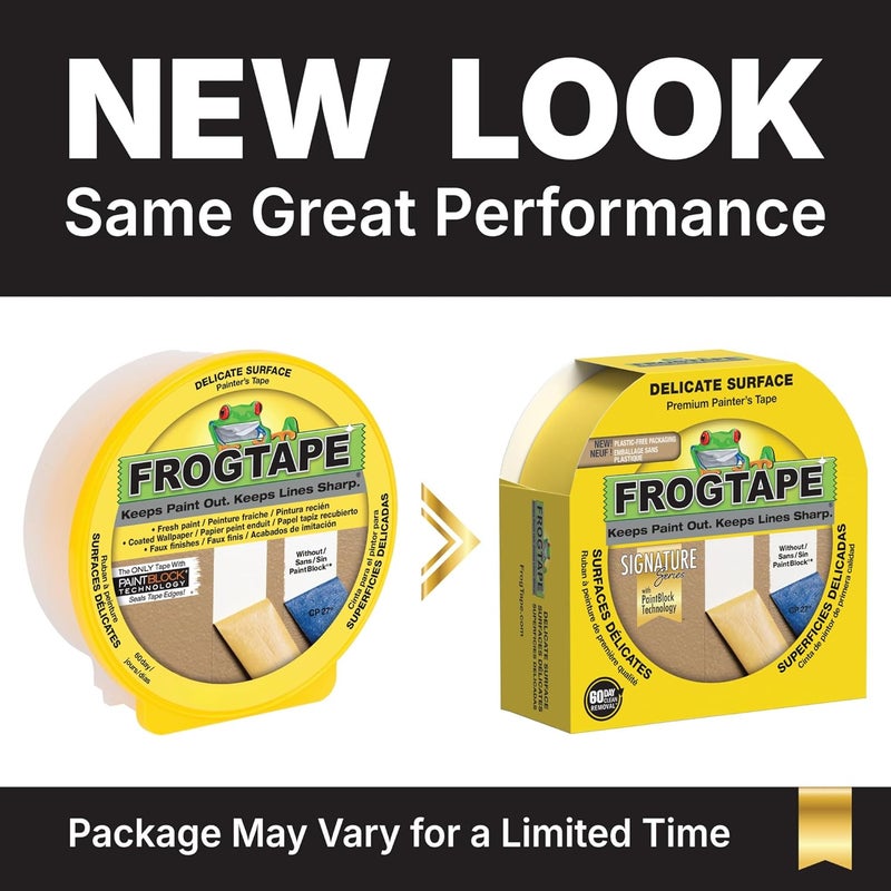 FrogTape Delicate Surface Painters Tape with PAINTBLOCK, 1.5 Inch Wide (1.41 In. x 60 Yds), Low Adhesion, Ideal for Freshly Painted Walls, Trim & Surfaces, Yellow, 1 Roll (280221) - Image 2